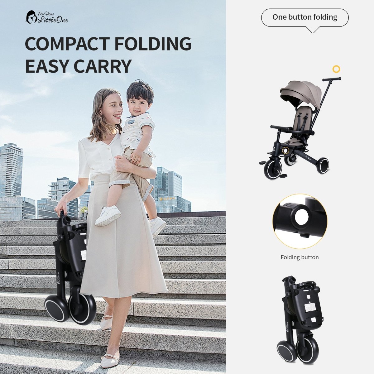 Foryourlittleone Xplor Plus 6 in 1 Foldable Trike - Jet Black (10m-5y)-2
