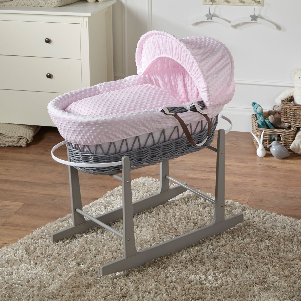 Pink Dimple Grey Wicker Baby Moses Basket With Stand-0